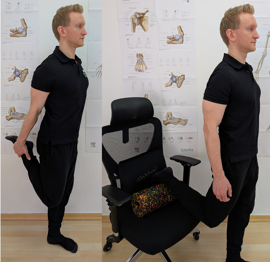 Quadrizeps Dehnung: Zwei Bilder - Stehend einen Fuß zum Po ziehen oder den Fuß hinten auf einem Stuhl ablegen.