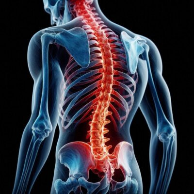 Eine blaue 3D-Darstellung eines Menschen ist von Gesäße bis zum Kopf abgebildet. Das Skelett ist sichtbar. Die Wirbelsäule ist rot markiert.