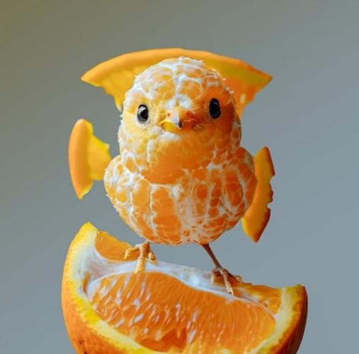 Ein Vogel, der wie eine Orange aussieht und auf einem Stück Orange steht.