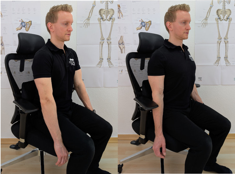 Schulter Kippschalter: Zwei Bilder, sitzend - Auf dem einen werden die Schultern vorgekippt, auf dem anderen zurück gezogen.