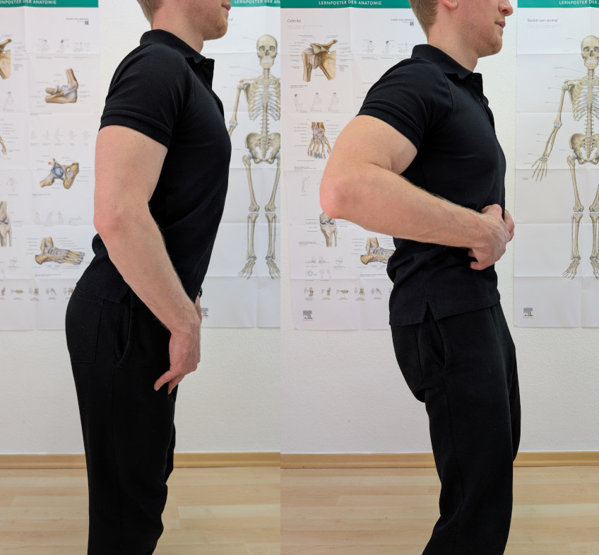 Lendenpumpe: Zwei Bilder - Stehend die Hüfte vor und zurück kippen.