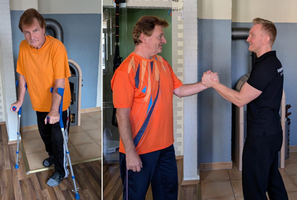 Zwei Bilder gegenübergestellt. Linkes Bild, ein Mann auf Gehstützen gestützt. Rechtes Bild, der Mann vom linken Bild ohne Gehstützen, schlägt sportlich mit Personal Trainer Denny ein.