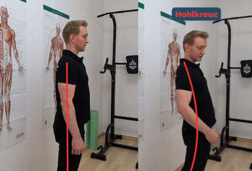 Spiegeltest: Linkes Bild: Denny steht gerade. Eine rote Linie zeigt, dass Schulter, Hüfte, Knie und Knöchel auf einer Linie sind. Rechtes Bild: Denny steht im Hohlkreuz. Eine rote Linie zeigt den Bogen, der entsteht, wenn Schulter, Hüfte, Knie und Knöchel dabei nicht auf einer Linie sind.