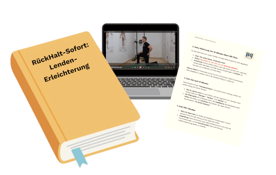 RückHalt-Sofort: Lenden-Erleichterung: Paket-Mockup. Vorne: Das Cover der Lenden-Erleichterung (PDF). Dahinter: Ein Smartphone/Laptop-Screen, der das 10-Minuten-Video zeigt. Daneben: Eine kleine Karte, die das Büro-Cheat-Sheet symbolisiert. Produktbild für schnelle Übungen steifer Rücken nach Sitzen.