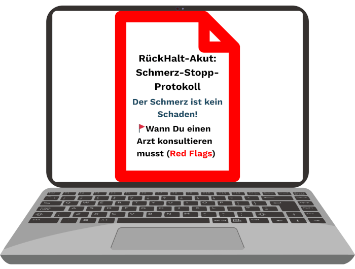 Hexenschuss Schmerzen sofort lindern: Laptop mit geöffneter PDF vom RückHalt-Akut: Schmerz-Stopp-Protokoll.