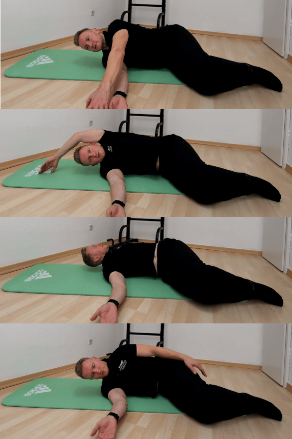 Bankdrücken Hohlkreuz - Brustwirbelsäulenrotation: Denny liegt in Seitenlage und rotiert mit seinem oberen Arm um sich herum.